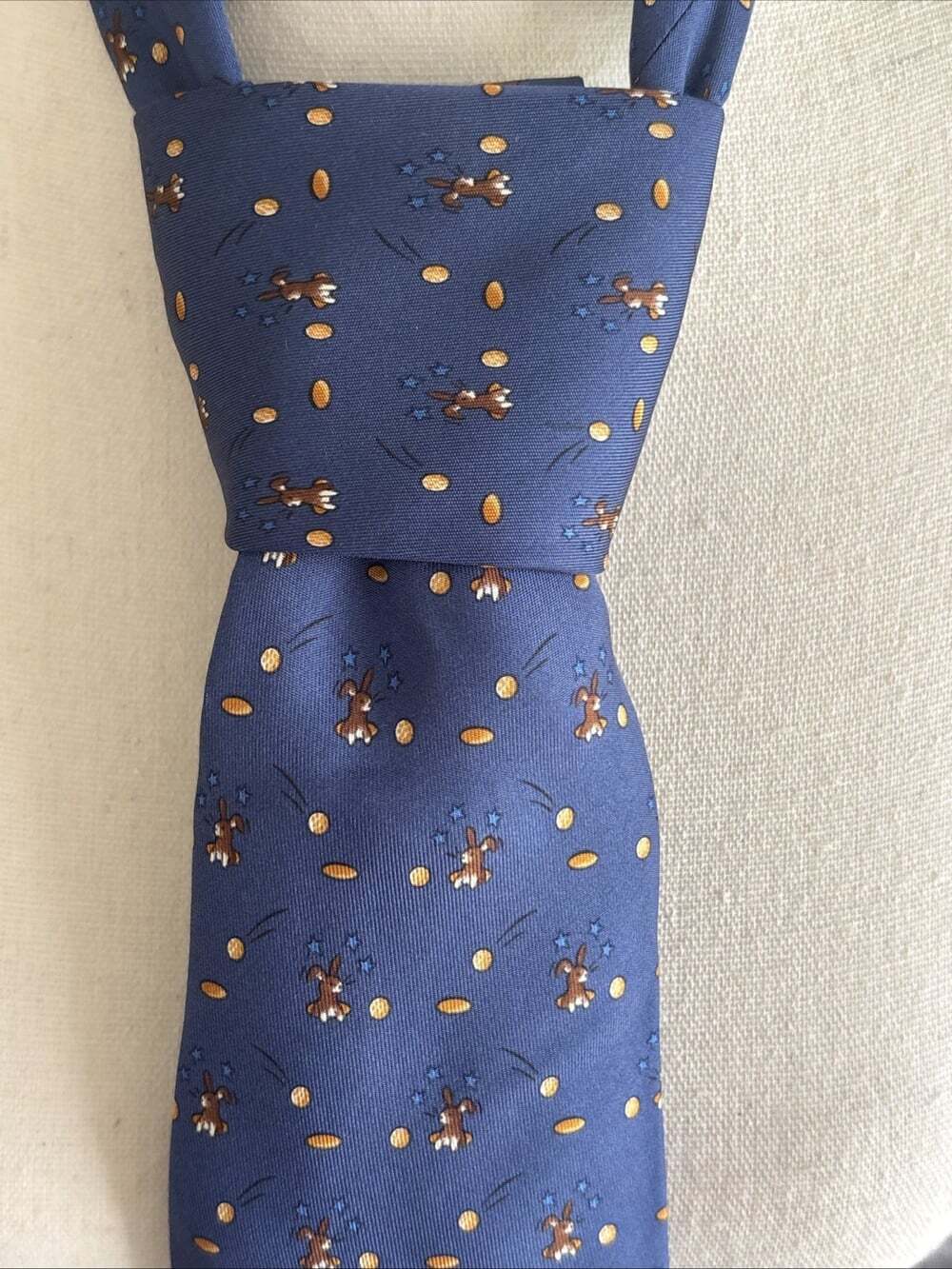 Hermes 100% Silk Tie 7956 EA Navy Blue Brown Bunnies Rabbits Eggs Easter 62"